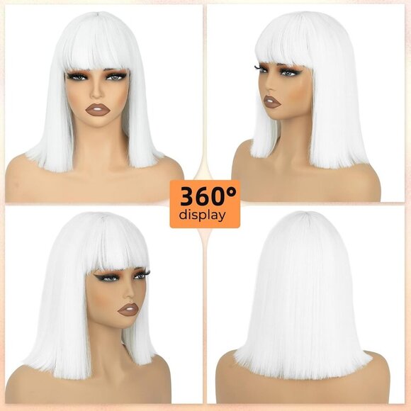 White Short Bob Wig with Bangs, 12" Heat Resistant Synthetic Hair for Cosplay - Picture 2 of 7